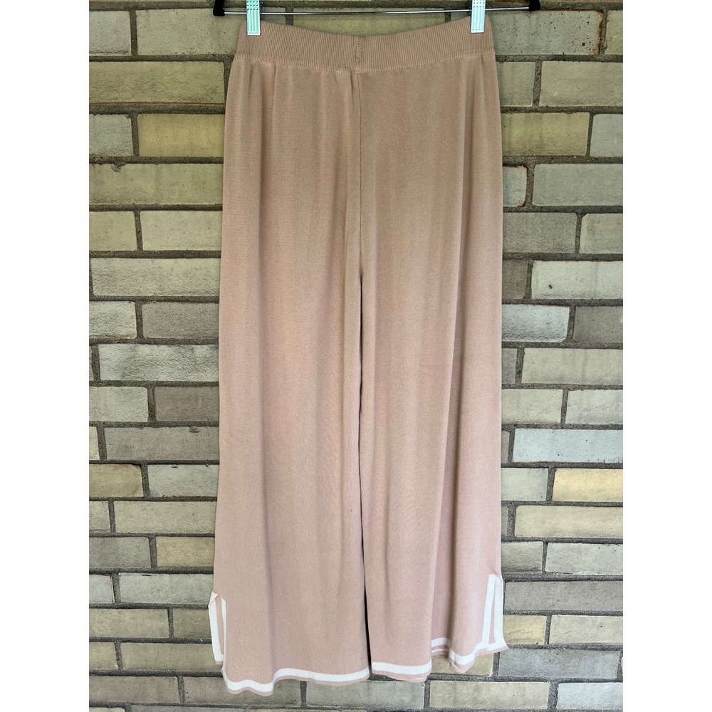 Matching Knit Two Piece Set Top & Wide Leg Crop Pants Tan White Trim Size Medium - Picture 8 of 10